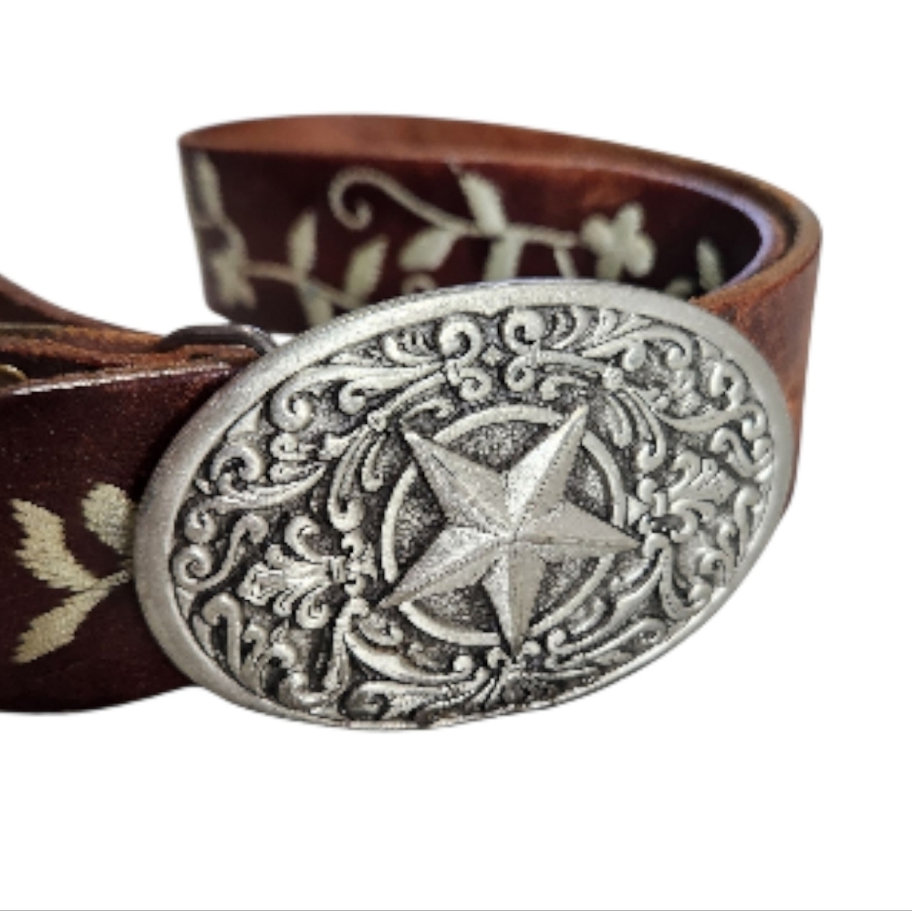 The Great American Buckle Co. 3121 Brown Belt & Buckle Western Star Pewter